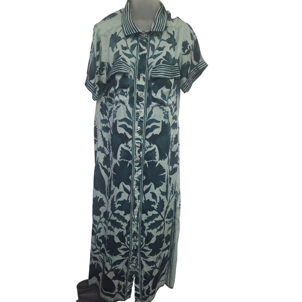 Omika Handmade Floral Modal Shirt Dress Teal Mint Green Maxi Short Sleeve L